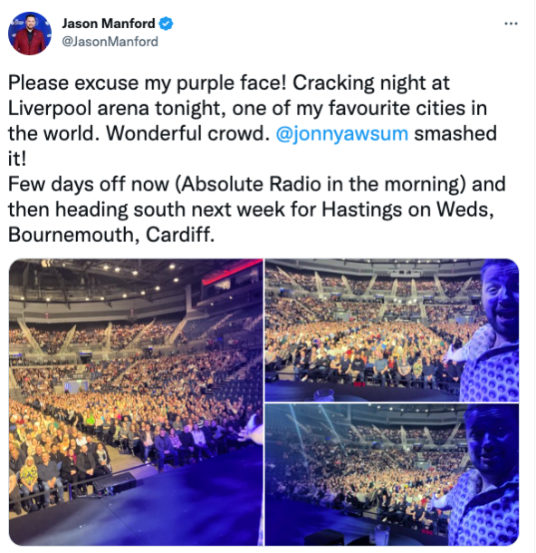 Jason Manford tweets about arena gig
